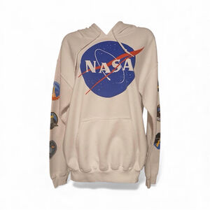 NASA Mission Patch Hoodie Cream Graphic Pullover Unisex M JC131